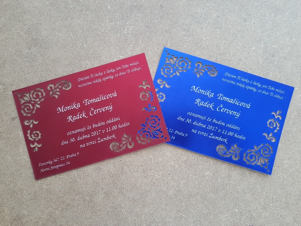 Gravírované svatební oznámení - alluminový papír - písmo je nádherně stříbrné