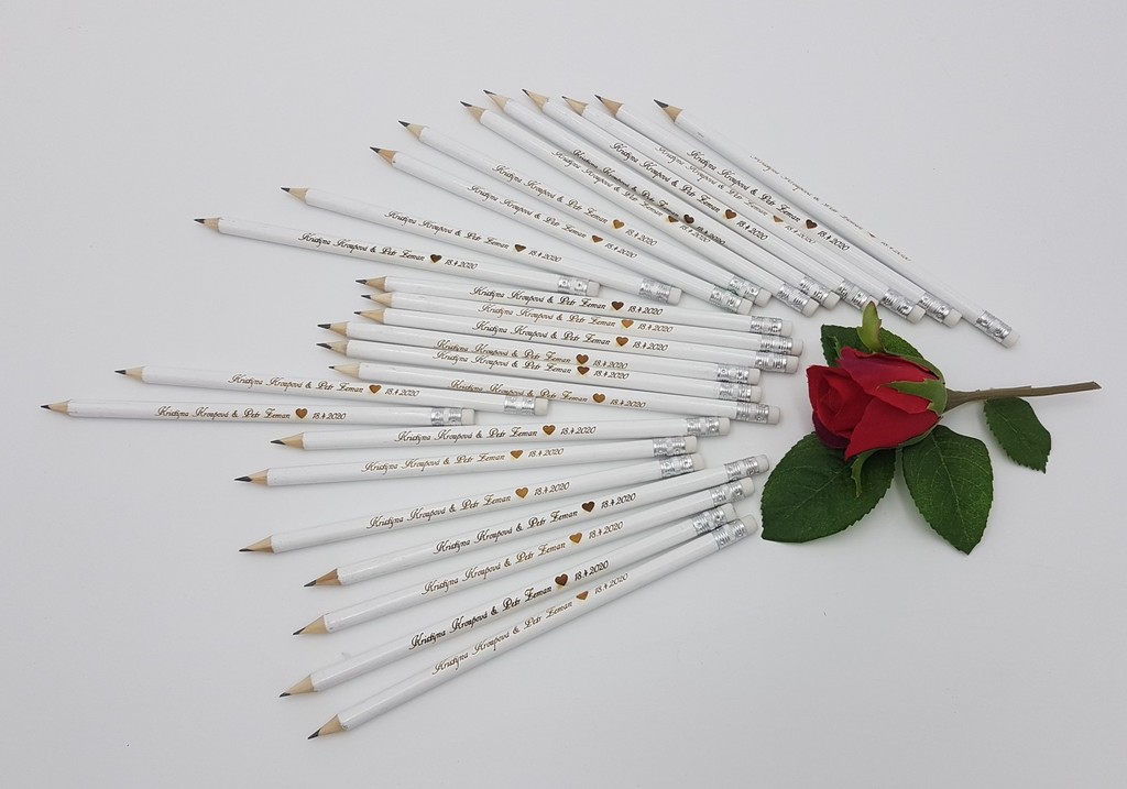 svatební tužka s gumou, bílá, dřevěná